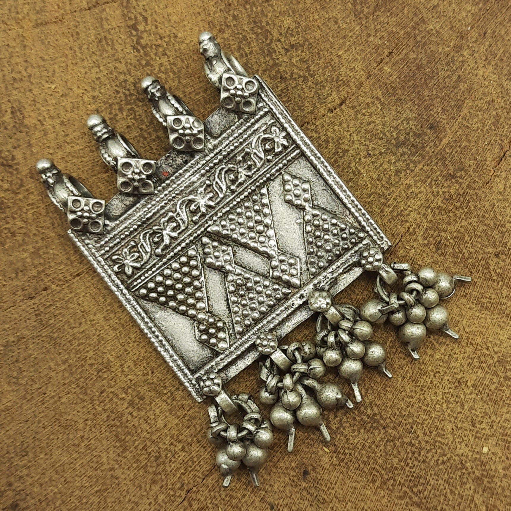 Rectangular Patdi Pendant with Dangling Details – Traditional Handmade Silver Tribal Jewelry