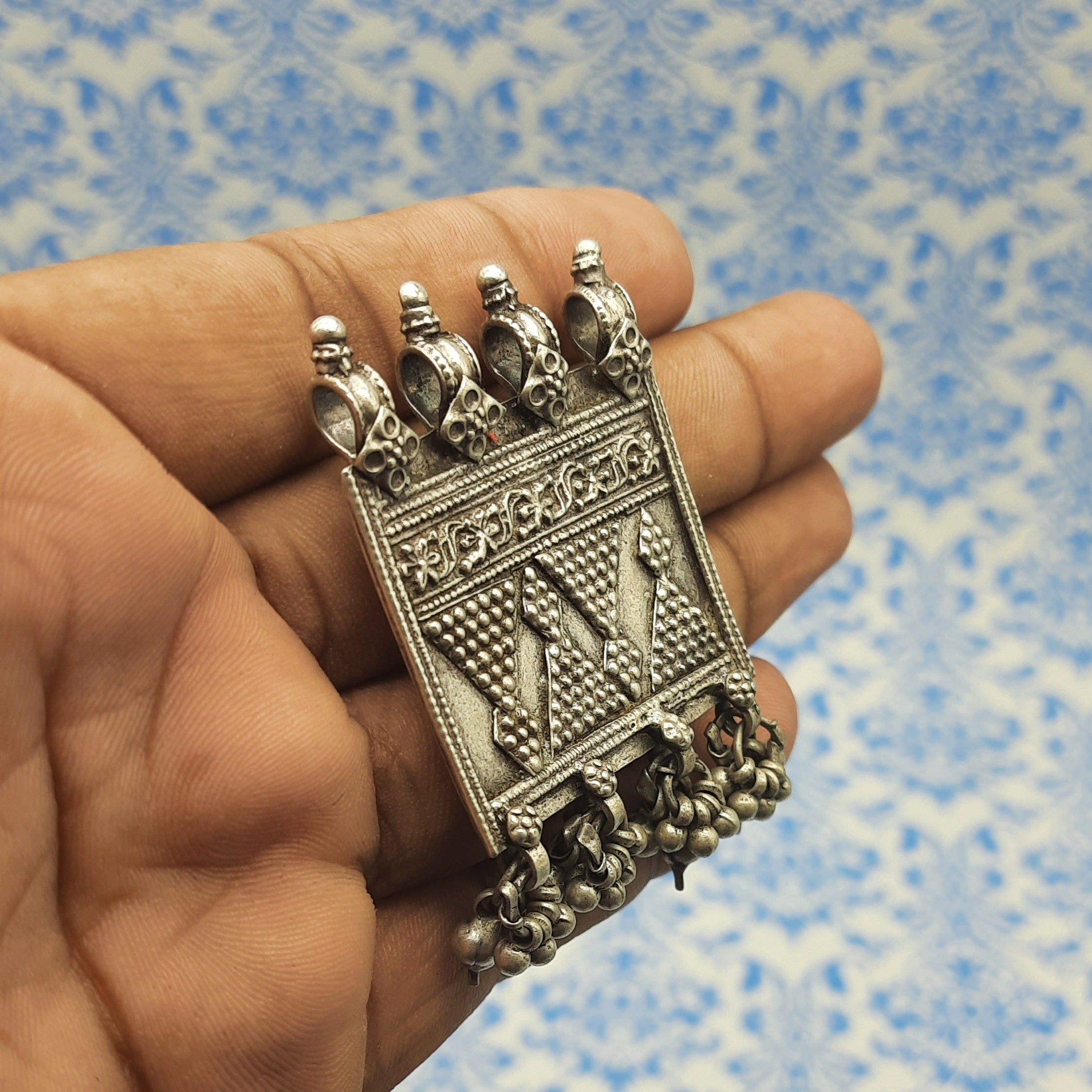 Rectangular Patdi Pendant with Dangling Details – Traditional Handmade Silver Tribal Jewelry