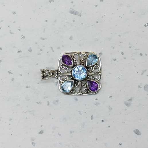 Blue Topaz Amethyst 925 Silver Wire Design Boho Pendant