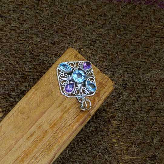 Blue Topaz Amethyst 925 Silver Wire Design Boho Pendant