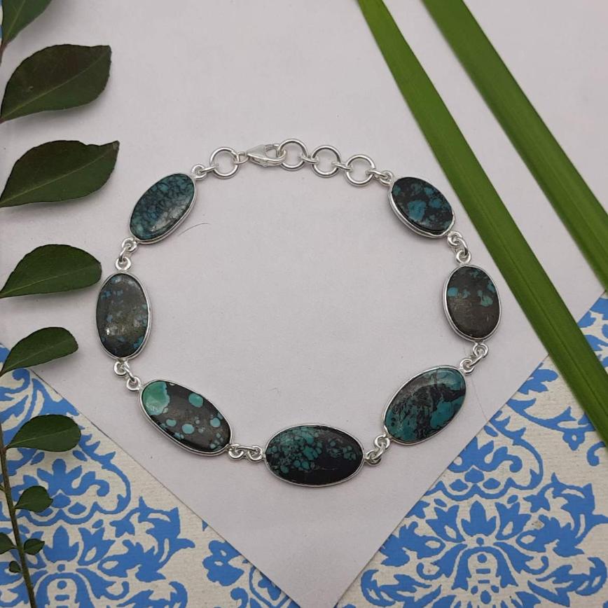 Handmade 925 Sterling Silver Tibetan Turquoise Bracelet Oval Shape Jewelry