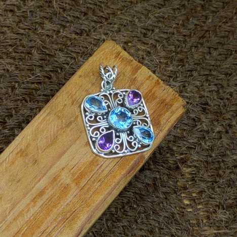 Blue Topaz Amethyst 925 Silver Wire Design Boho Pendant