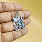 Blue Topaz Amethyst 925 Silver Wire Design Boho Pendant