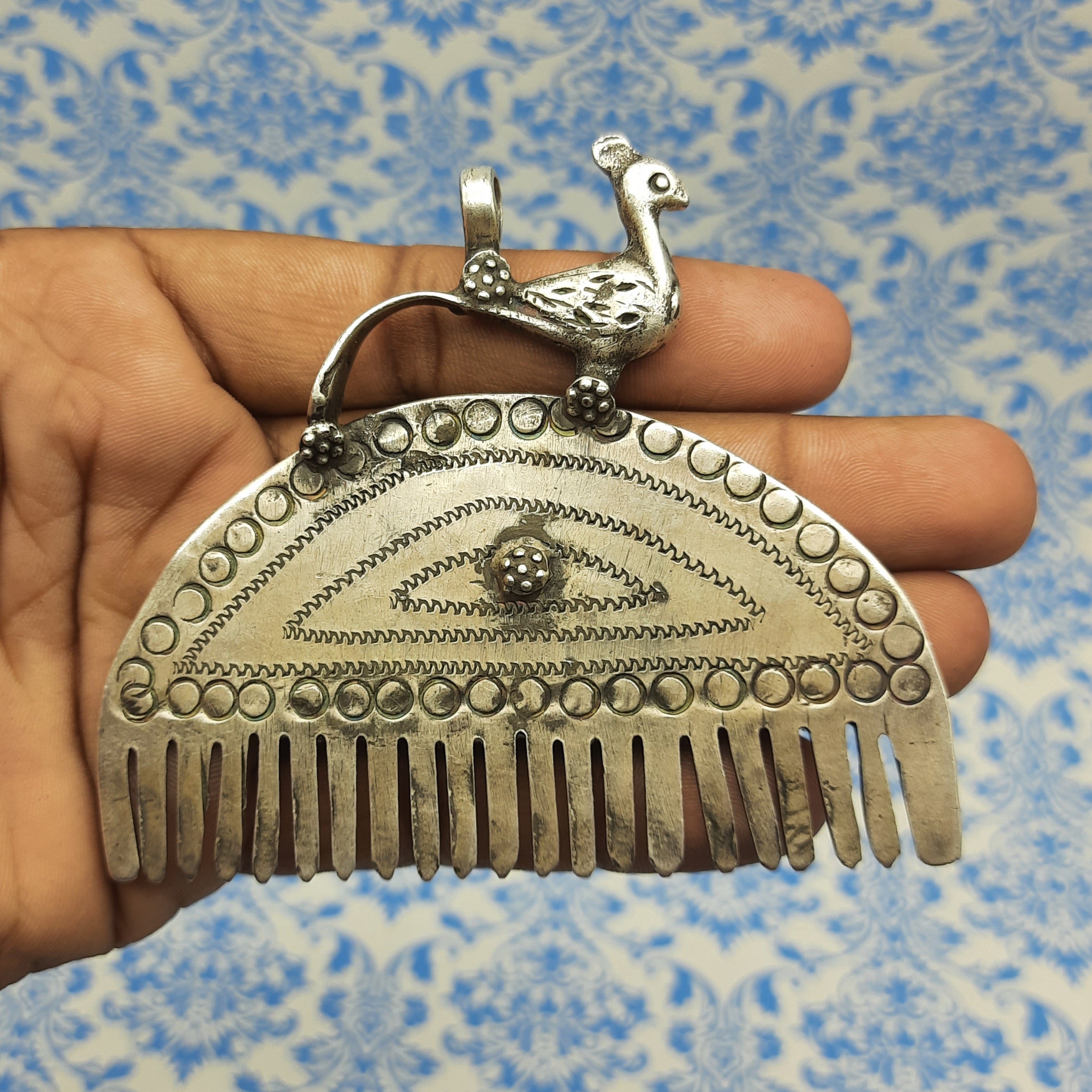 Peacock Comb Design Pendant – Handcrafted Silver Tribal Indian Village Heritage Piece