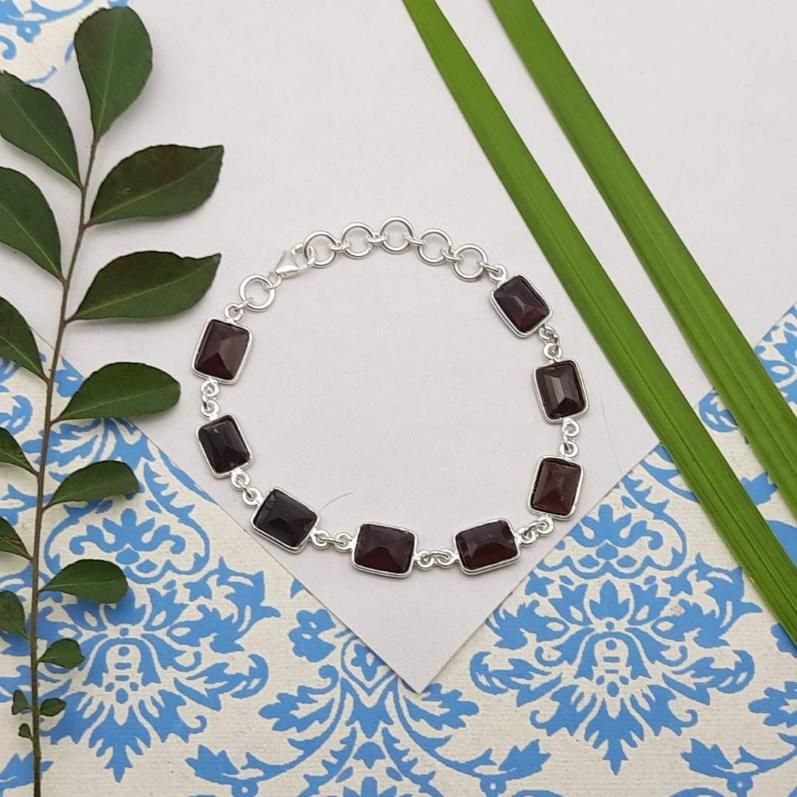 Natural Faceted Emerald Cut Garnet Bracelet Handmade 925 Sterling Silver Jewelry