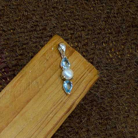 Blue Topaz Pearl 925 Silver Prong Set Boho Pendant