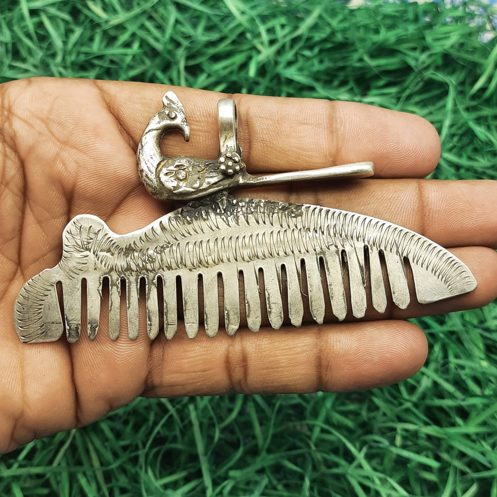 Peacock Comb Artisan Pendant – Handmade Silver Traditional Ethnic Statement Jewelry
