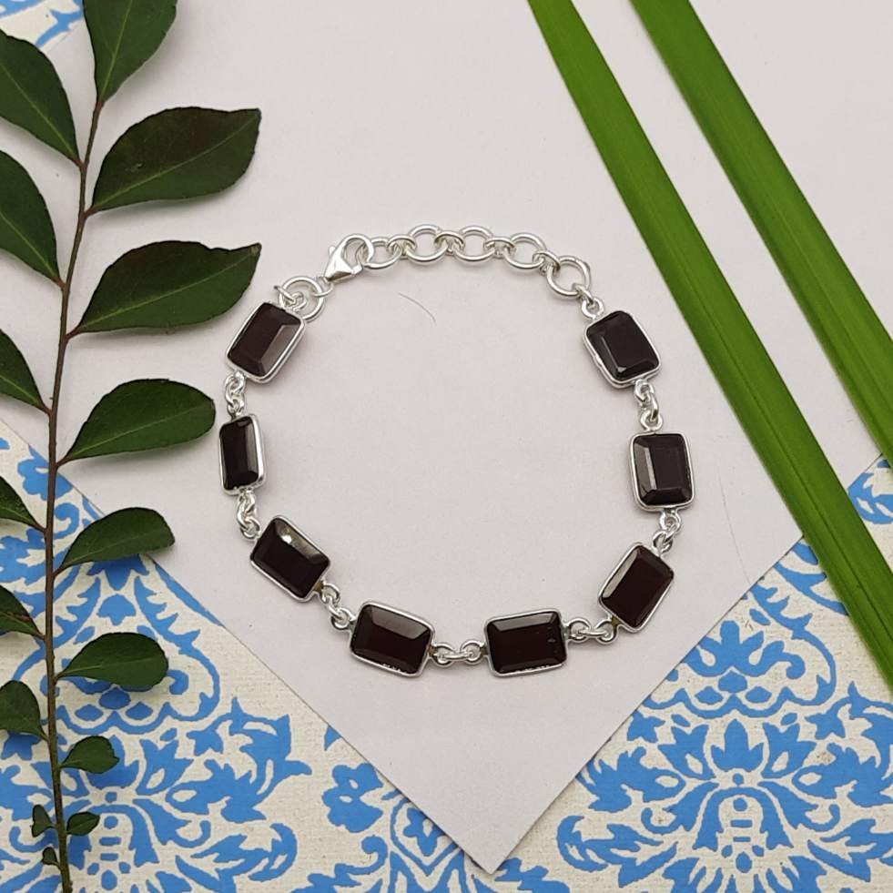 Natural Faceted Emerald Cut Garnet Bracelet Handmade 925 Sterling Silver Jewelry