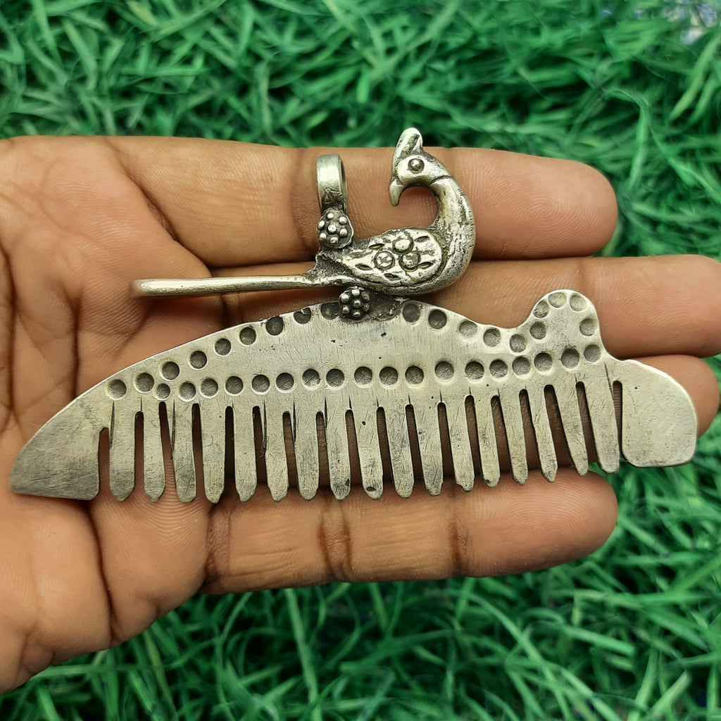 Peacock Comb Artisan Pendant – Handmade Silver Traditional Ethnic Statement Jewelry