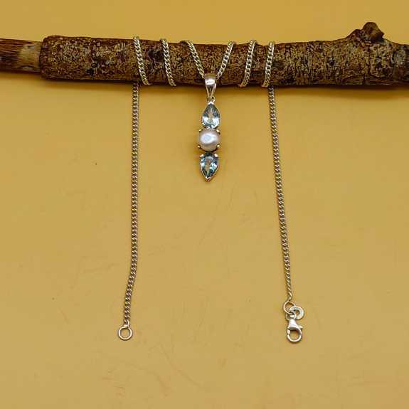 Blue Topaz Pearl 925 Silver Prong Set Boho Pendant