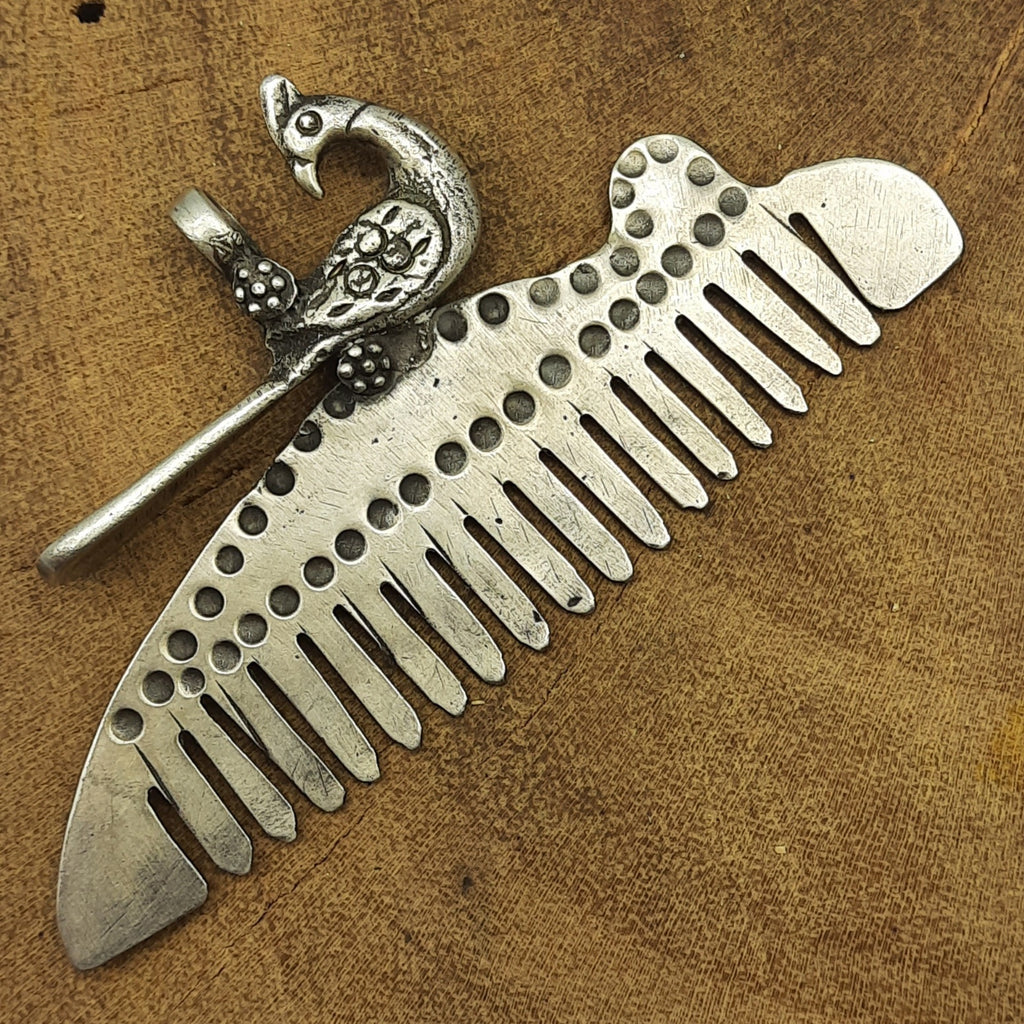 Peacock Comb Artisan Pendant – Handmade Silver Traditional Ethnic Statement Jewelry