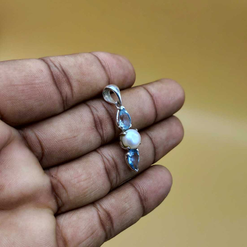 Blue Topaz Pearl 925 Silver Prong Set Boho Pendant