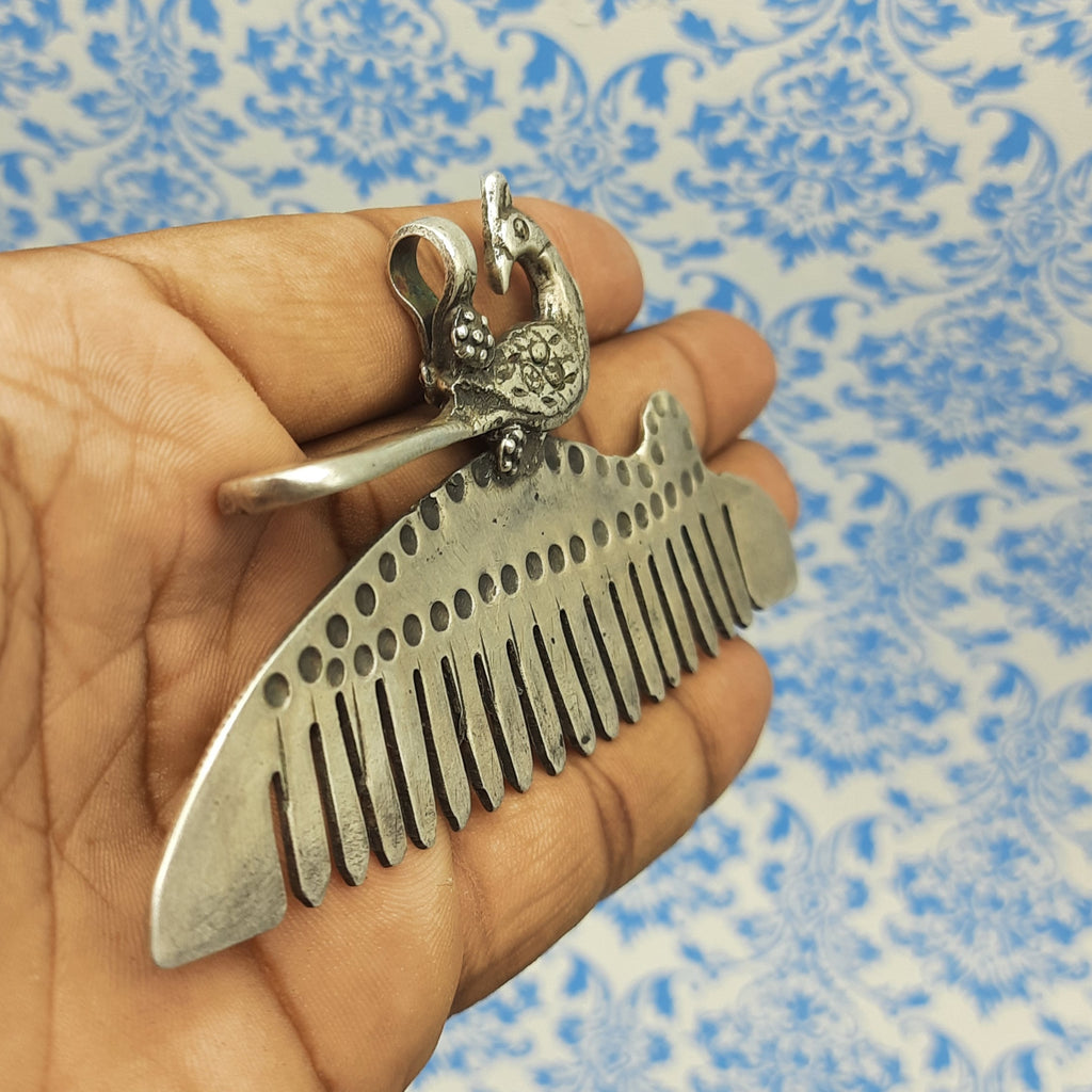 Peacock Comb Artisan Pendant – Handmade Silver Traditional Ethnic Statement Jewelry