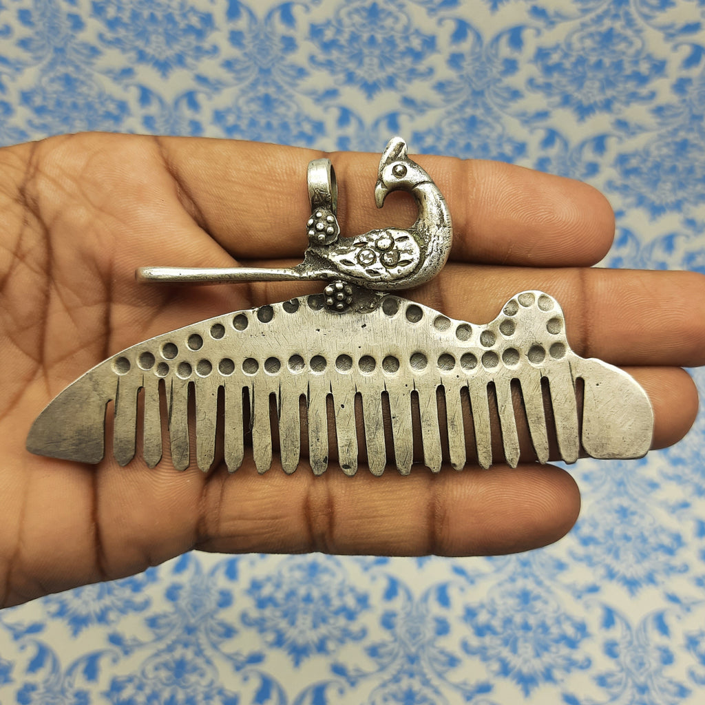 Peacock Comb Artisan Pendant – Handmade Silver Traditional Ethnic Statement Jewelry