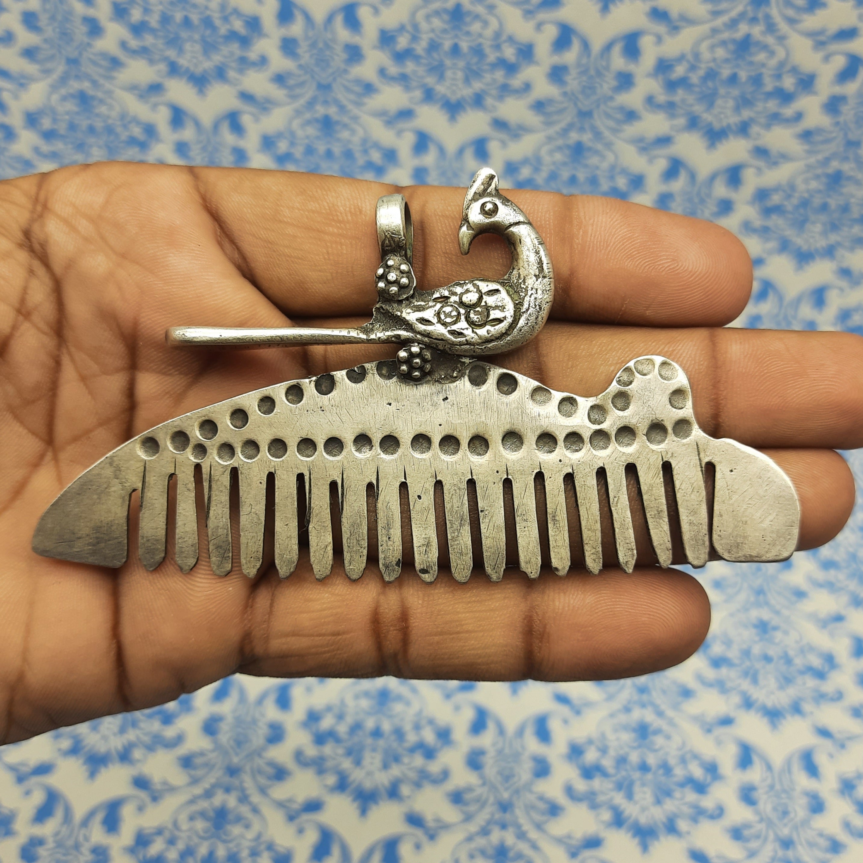 Peacock Comb Artisan Pendant – Handmade Silver Traditional Ethnic Statement Jewelry