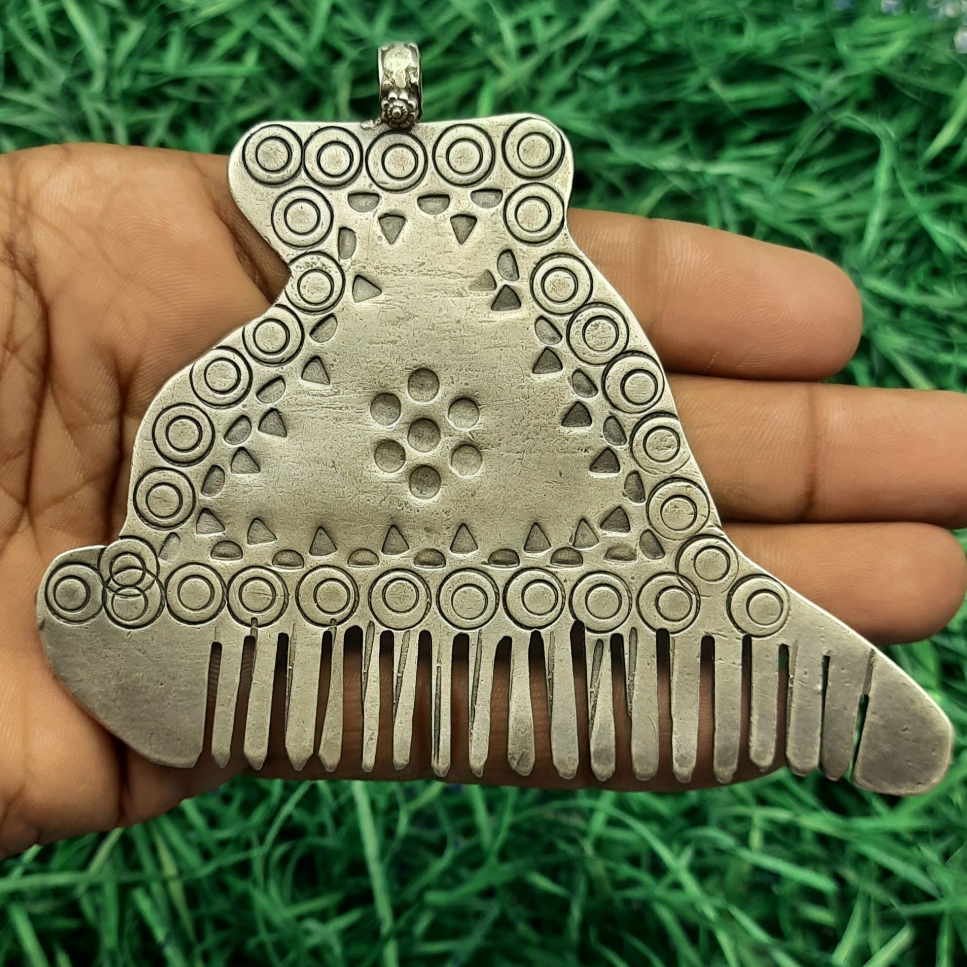 Classic Comb Motif Pendant – Handmade Silver Tribal Village Inspired Designer Piece