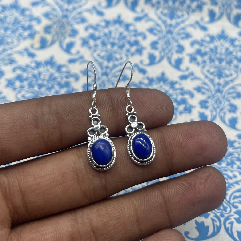 Handcrafted Lapis Lazuli Earrings – 925 Sterling Silver Oval Shape Gemstone