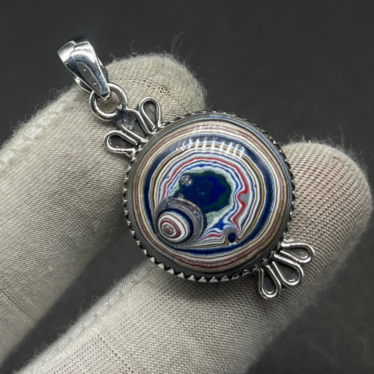 Round Fordite 925 Silver Bezel Boho Necklace Women