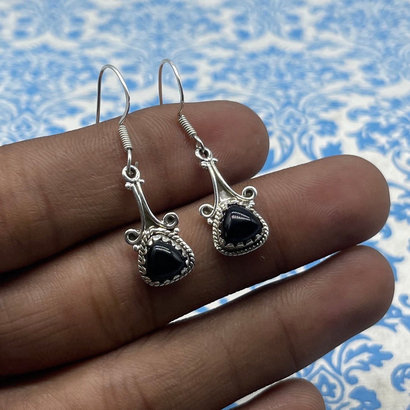925 Sterling Silver Black Onyx Trillion Shape Earring