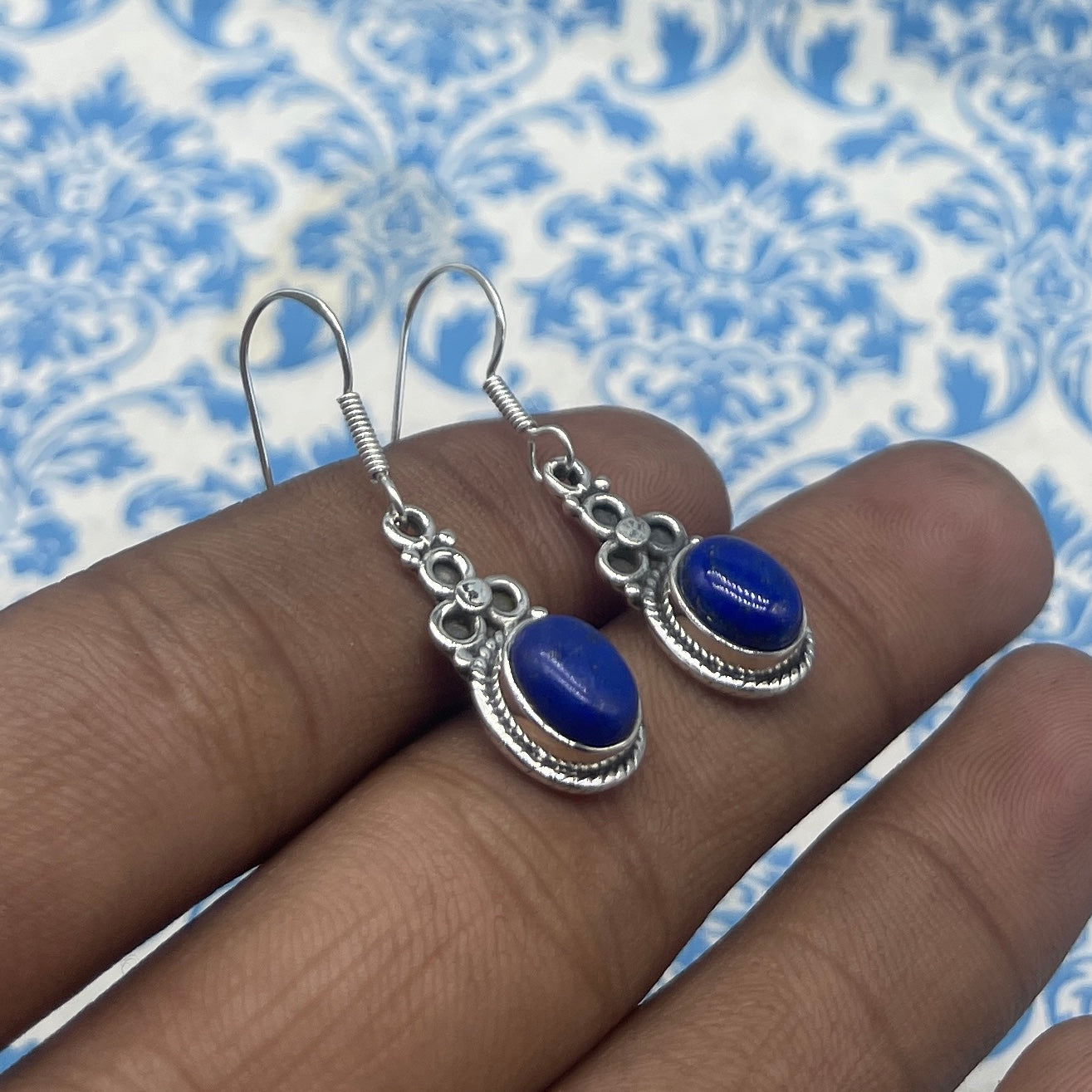 Handcrafted Lapis Lazuli Earrings – 925 Sterling Silver Oval Shape Gemstone