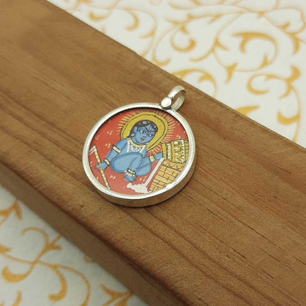 Lord Krishna Hand-Painted Pendant in 925 Sterling Silver – Divine Flute Art Jewelry