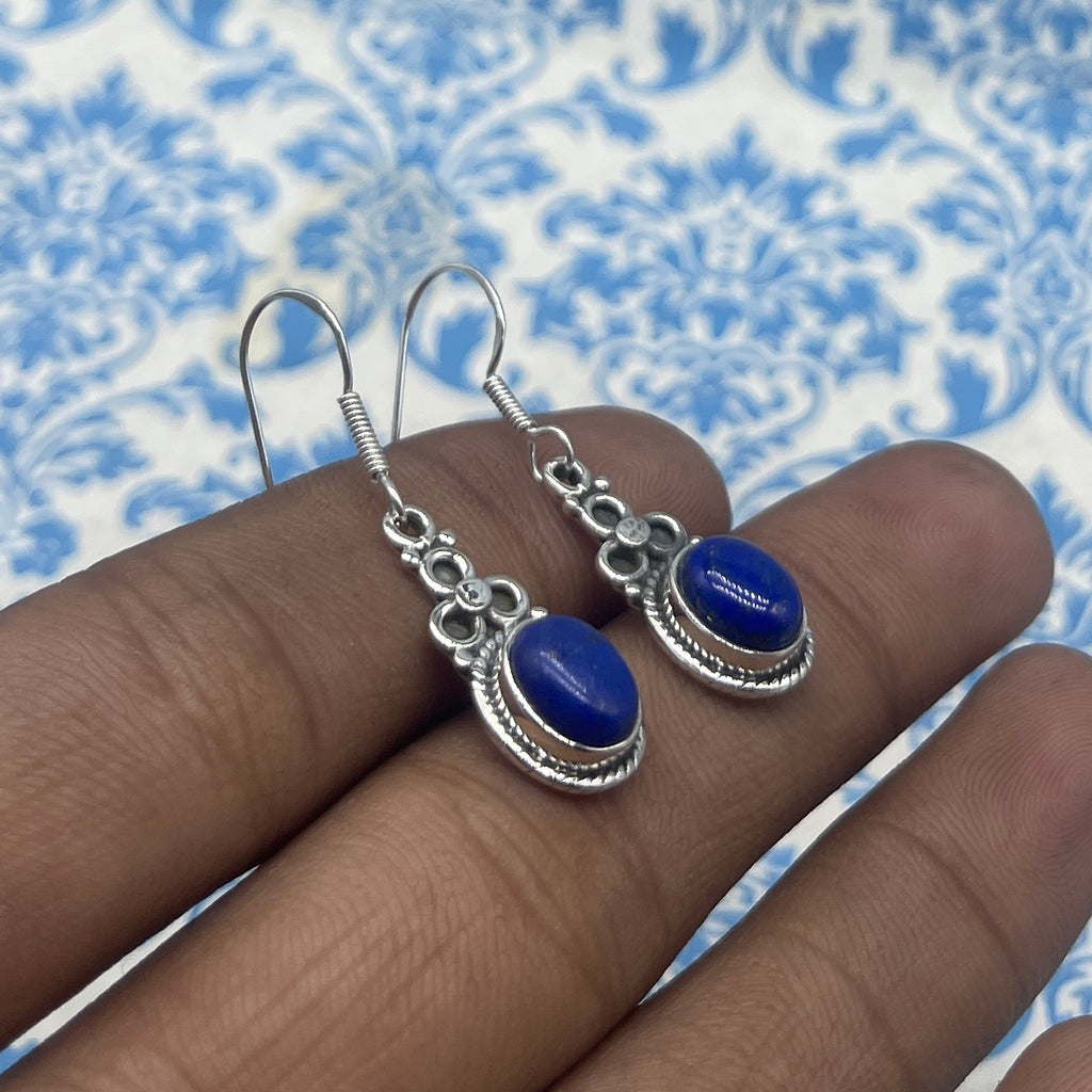 Handcrafted Lapis Lazuli Earrings – 925 Sterling Silver Oval Shape Gemstone