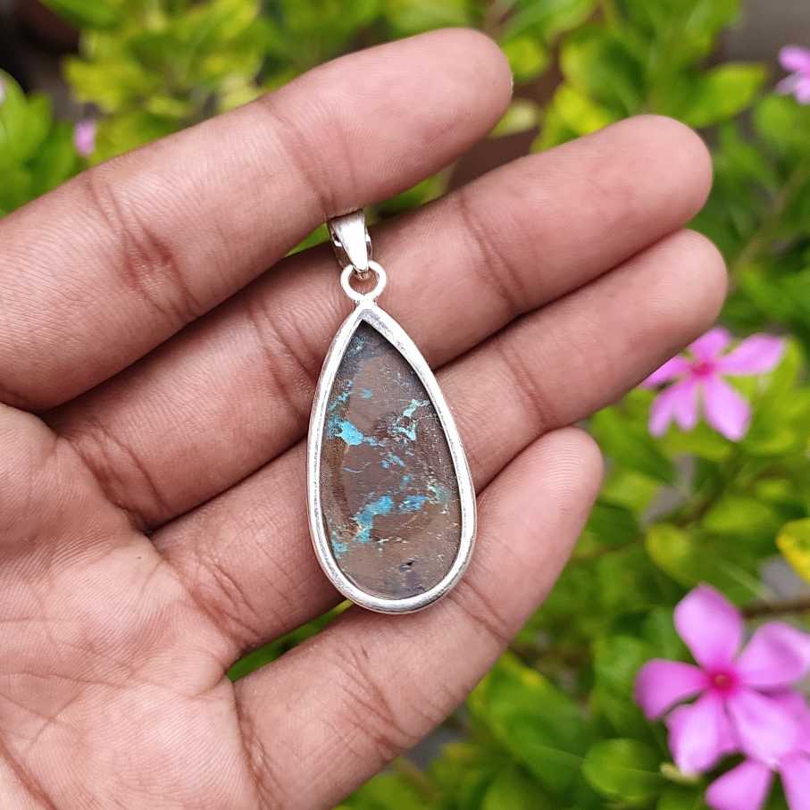 Natural Chrysocolla Gemstone 925 Silver Pendant Boho Jewelry