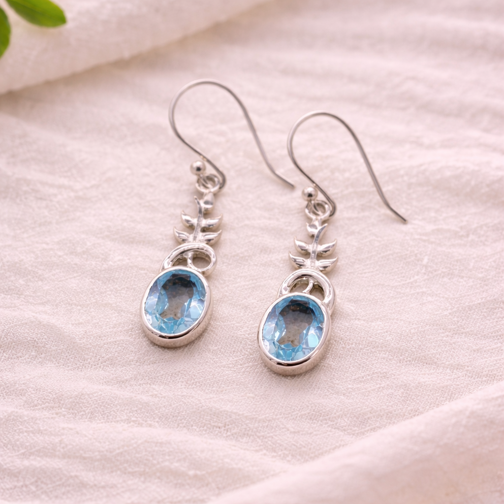Boho Chic Blue Topaz 925 Sterling Silver Oval Earrings