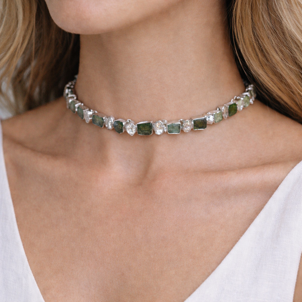 925 Sterling Silver Moldavite & Herkimer Diamond Choker Necklace – Raw Gemstone Jewelry