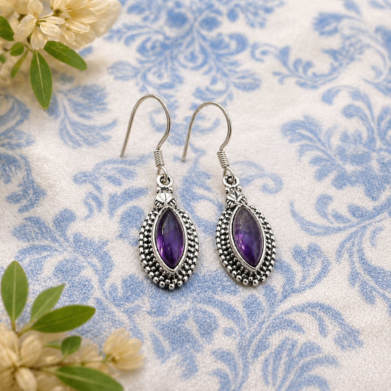 925 Sterling Silver Amethyst Marquise Earrings – Elegant Purple Gemstone Jewelry