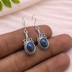 925 Silver Labradorite Oval Shape Dangle Earrings with Handmade Silver Work