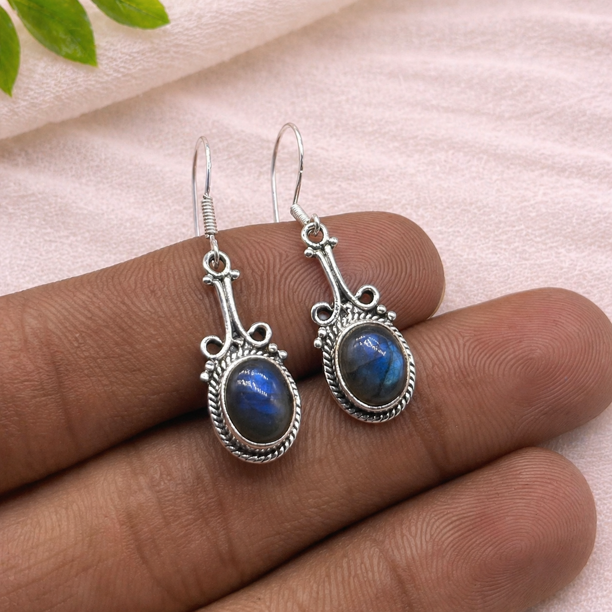 925 Silver Labradorite Oval Shape Dangle Earrings with Handmade Silver Work
