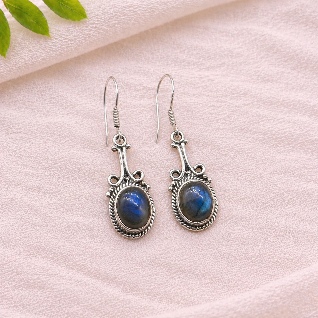925 Silver Labradorite Oval Shape Dangle Earrings with Handmade Silver Work