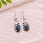 925 Silver Labradorite Oval Shape Dangle Earrings with Handmade Silver Work