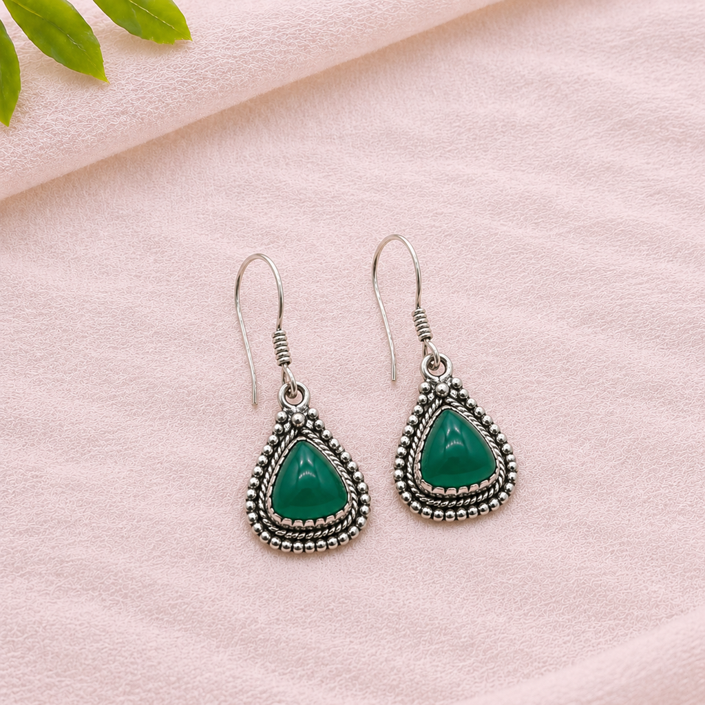Bohemian Green Onyx Trillion Earrings – Handmade Silver Jewelry