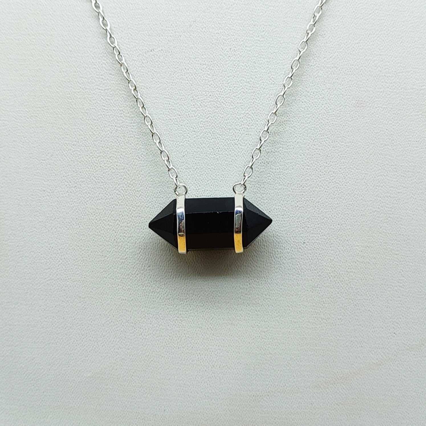 Black Onyx Double Terminated 925 Silver Chain Pendant