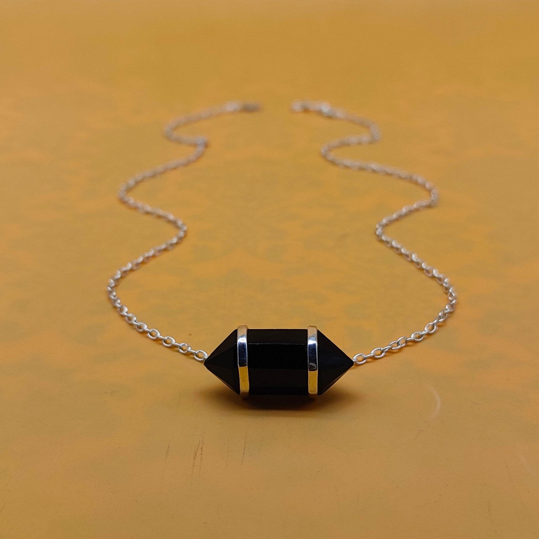 Black Onyx Double Terminated 925 Silver Chain Pendant