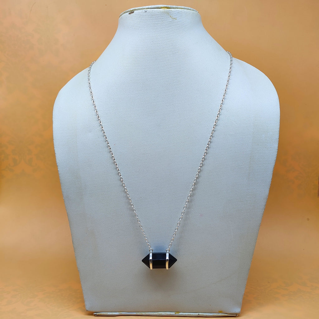 Black Onyx Double Terminated 925 Silver Chain Pendant