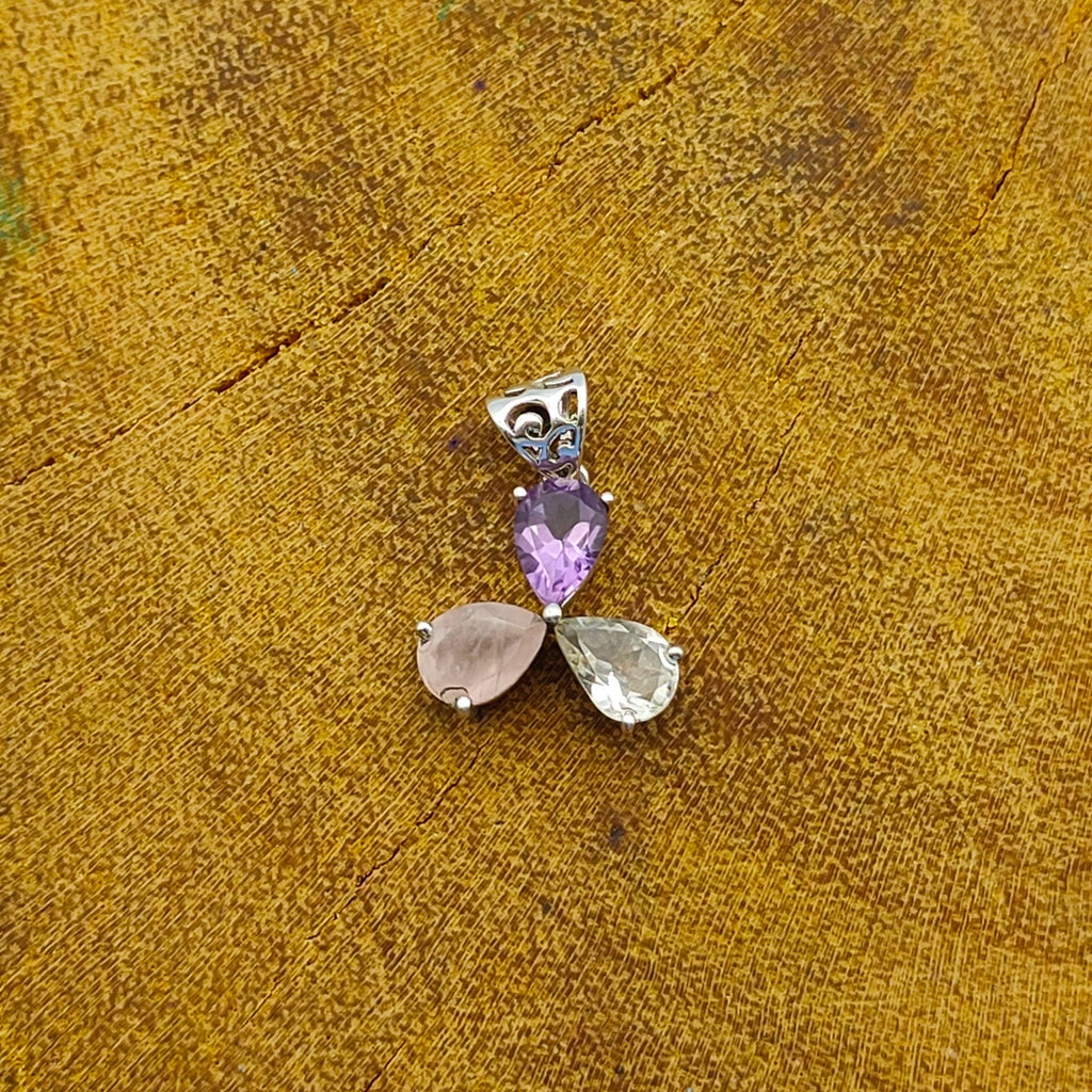 Amethyst Rose Quartz Crystal 925 Silver Triple Pendant
