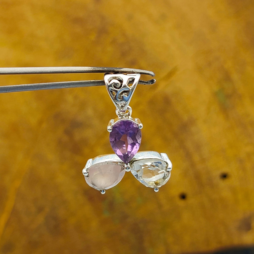 Amethyst Rose Quartz Crystal 925 Silver Triple Pendant