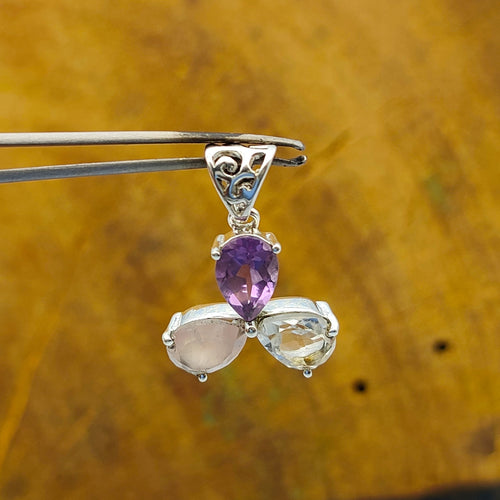 Amethyst Rose Quartz Crystal 925 Silver Triple Pendant