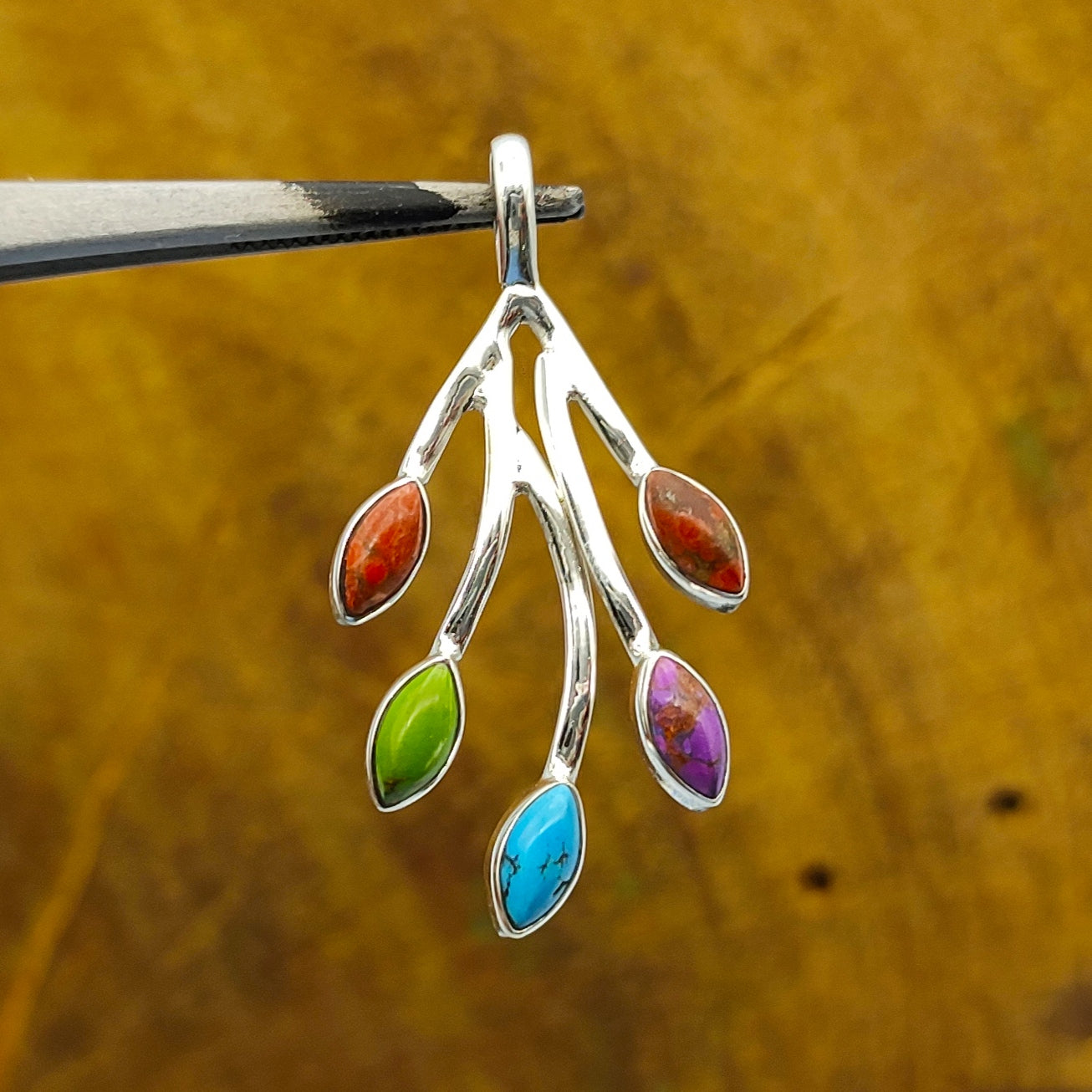 Leaf Design Marquise Copper Turquoise 925 Silver Dainty Pendant
