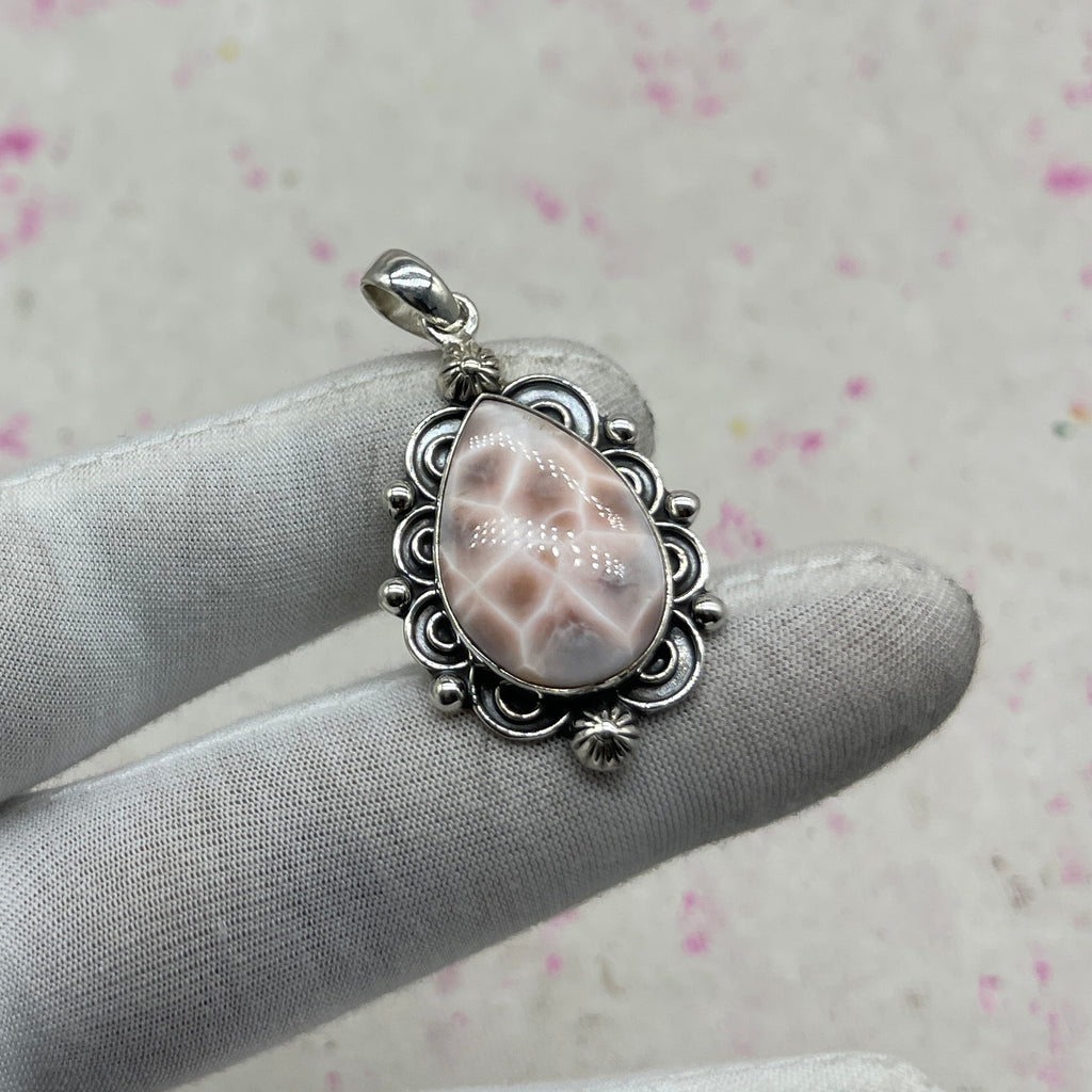 Pink Larimar 925 Sterling Silver Pendant – Handmade Boho Jewelry