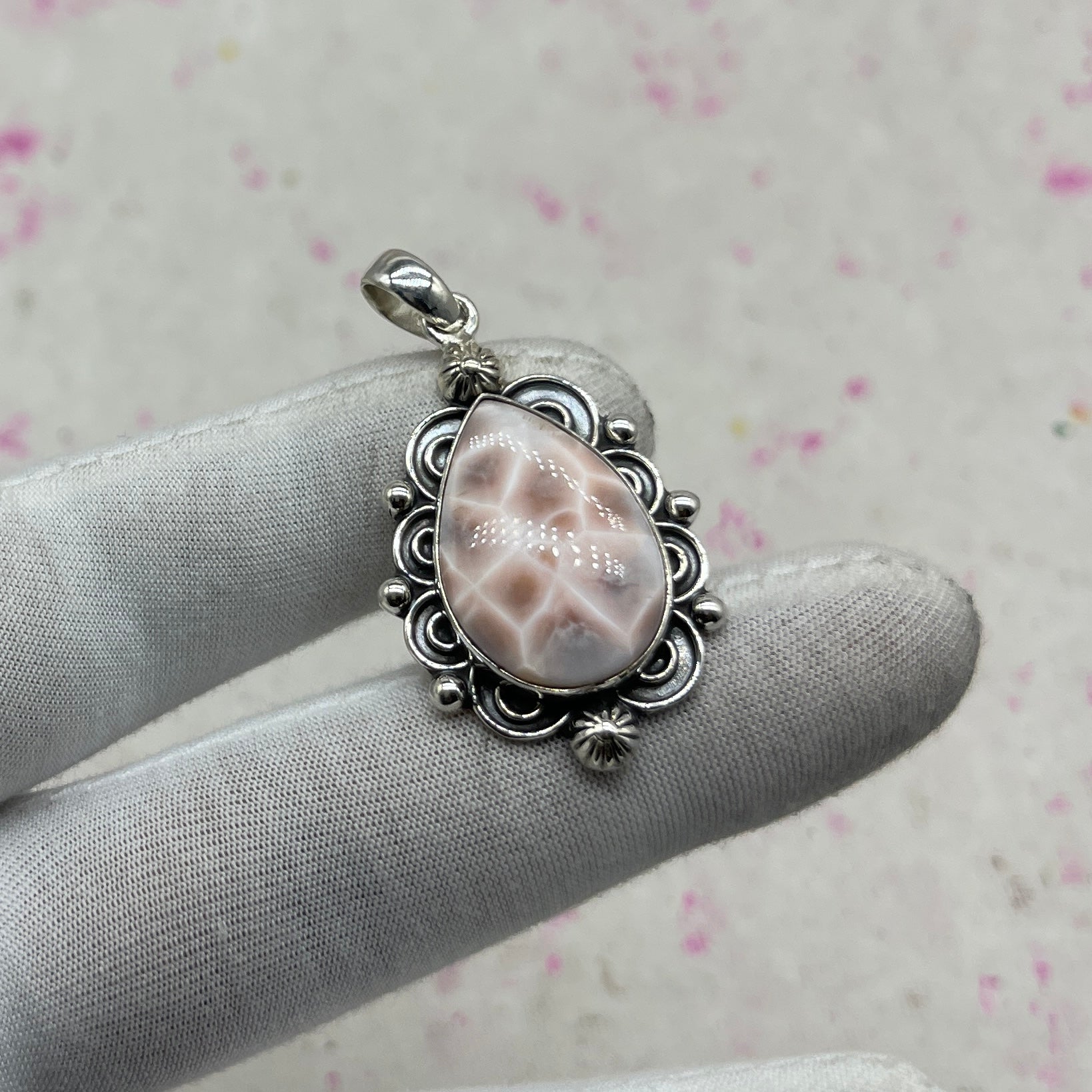 Pink Larimar 925 Sterling Silver Pendant – Handmade Boho Jewelry