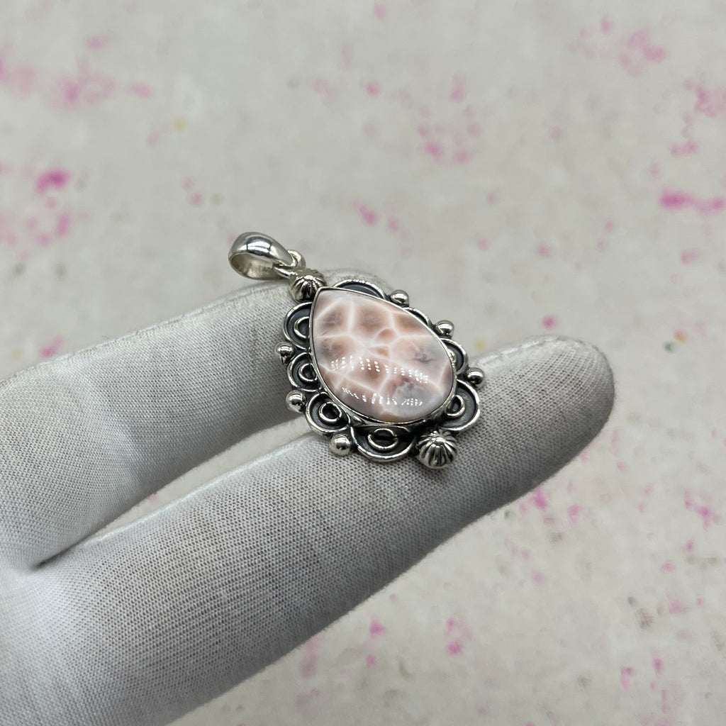 Pink Larimar 925 Sterling Silver Pendant – Handmade Boho Jewelry
