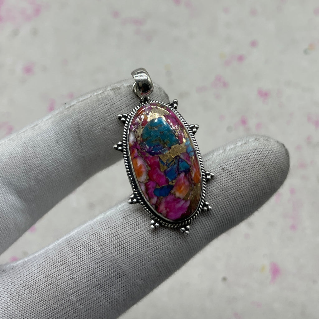 Spiny Oyster Turquoise 925 Sterling Silver Pendant – Boho Southwestern Pendant