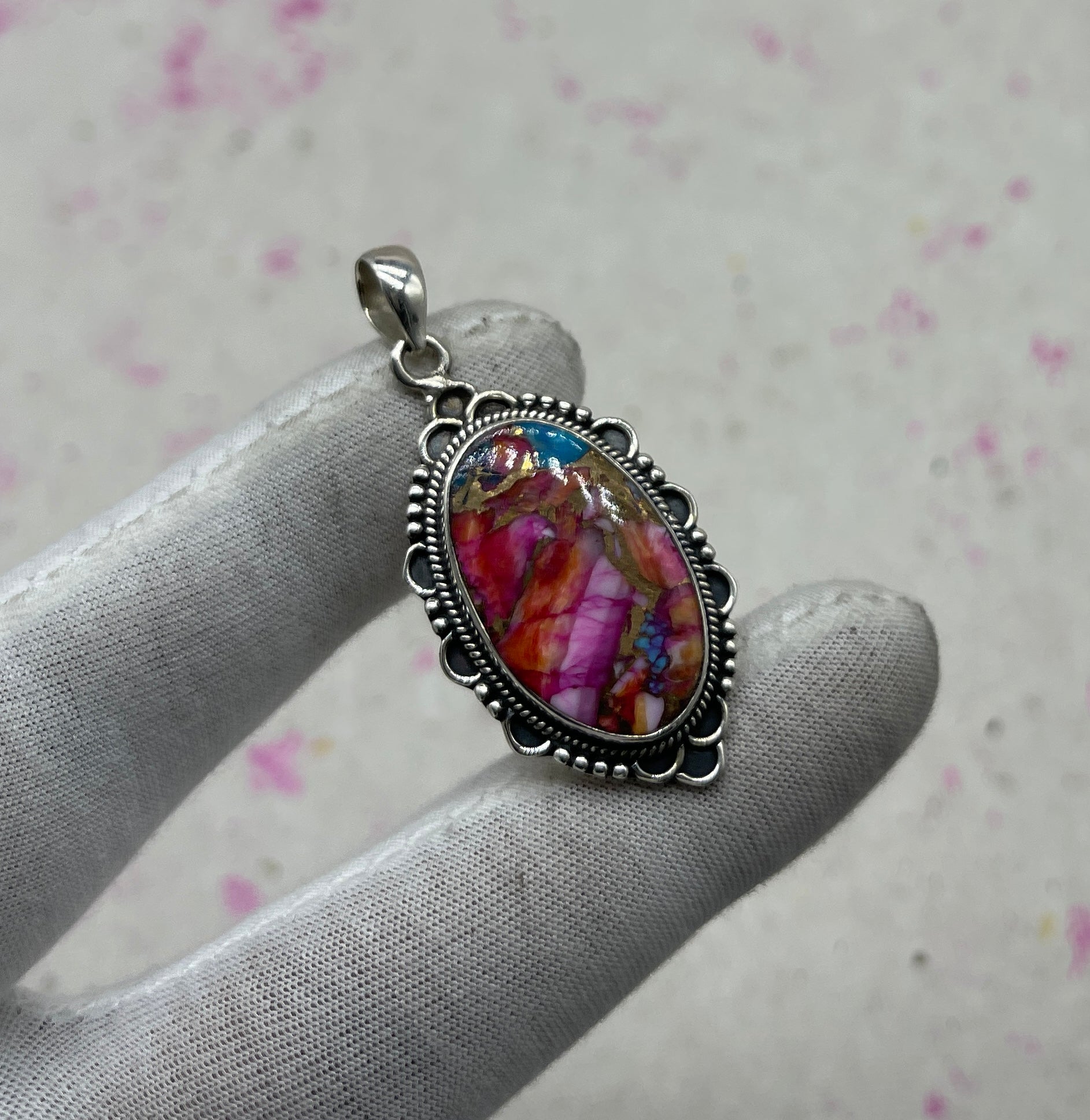 Pink Dahlia Turquoise 925 Sterling Silver Pendant – Handmade Bohemian Jewelry