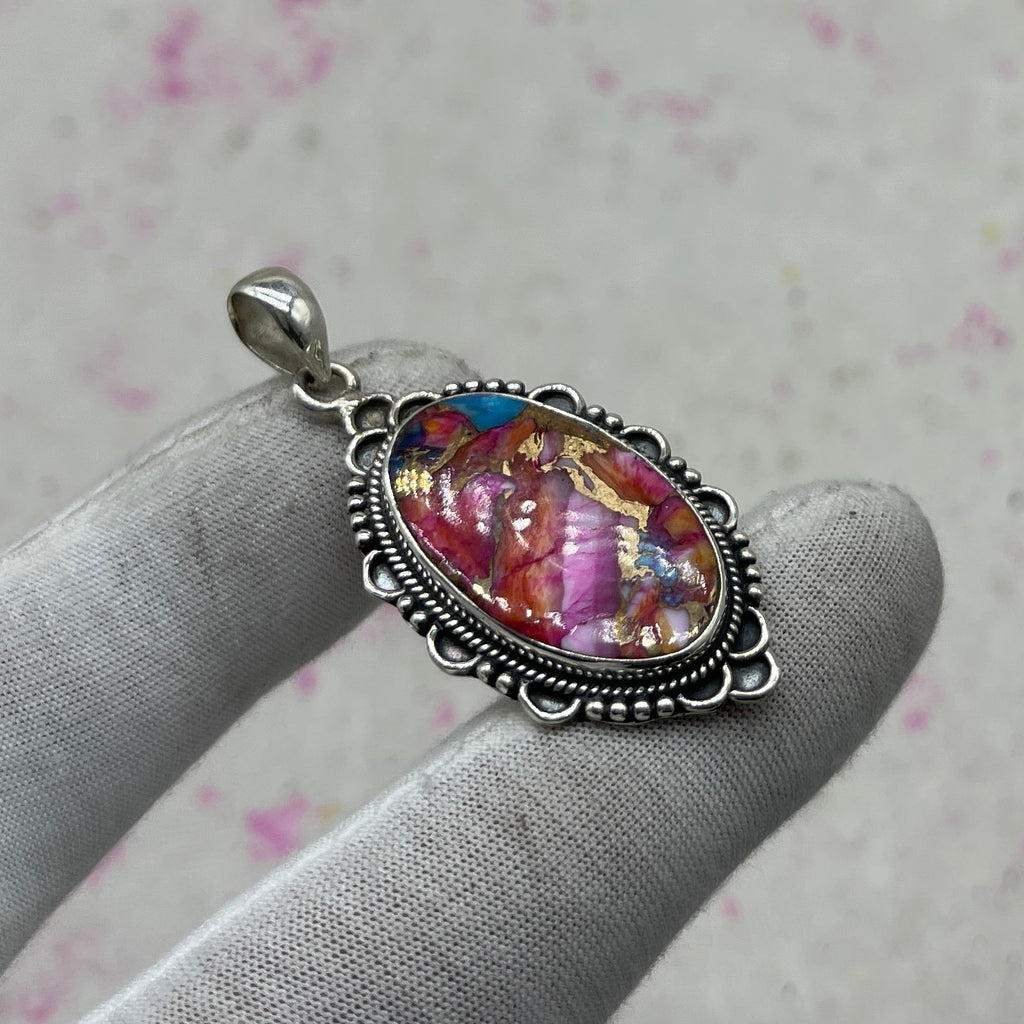 Pink Dahlia Turquoise 925 Sterling Silver Pendant – Handmade Bohemian Jewelry