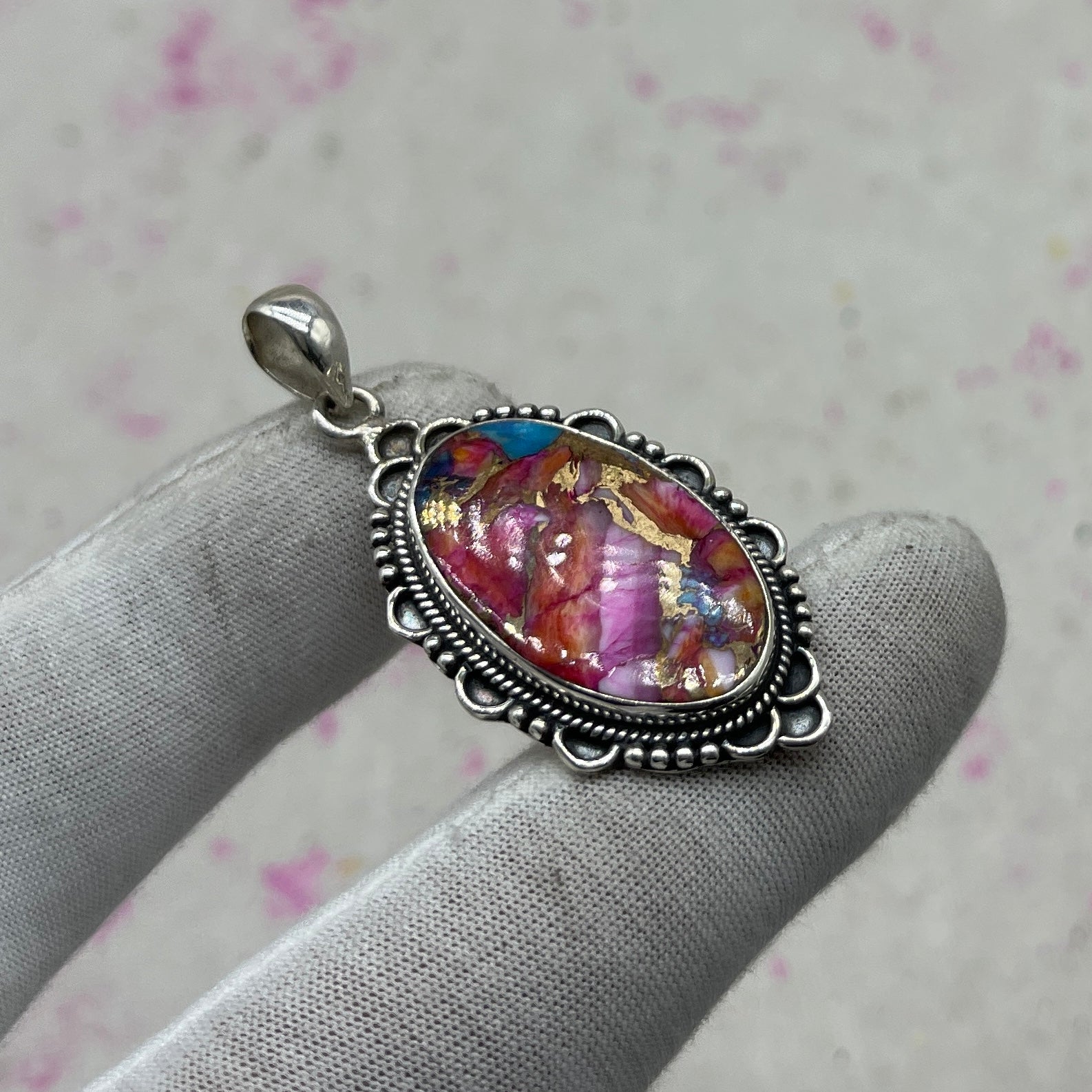 Pink Dahlia Turquoise 925 Sterling Silver Pendant – Handmade Bohemian Jewelry