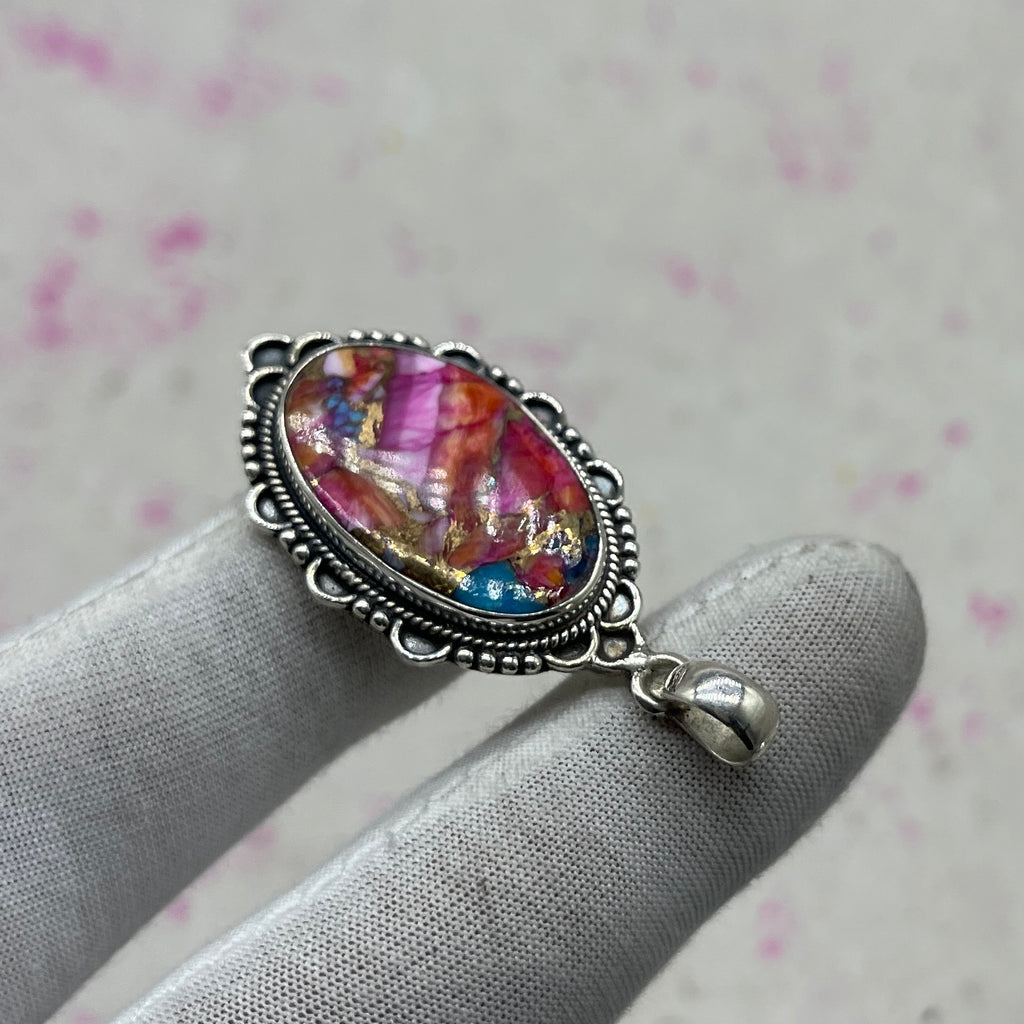Pink Dahlia Turquoise 925 Sterling Silver Pendant – Handmade Bohemian Jewelry